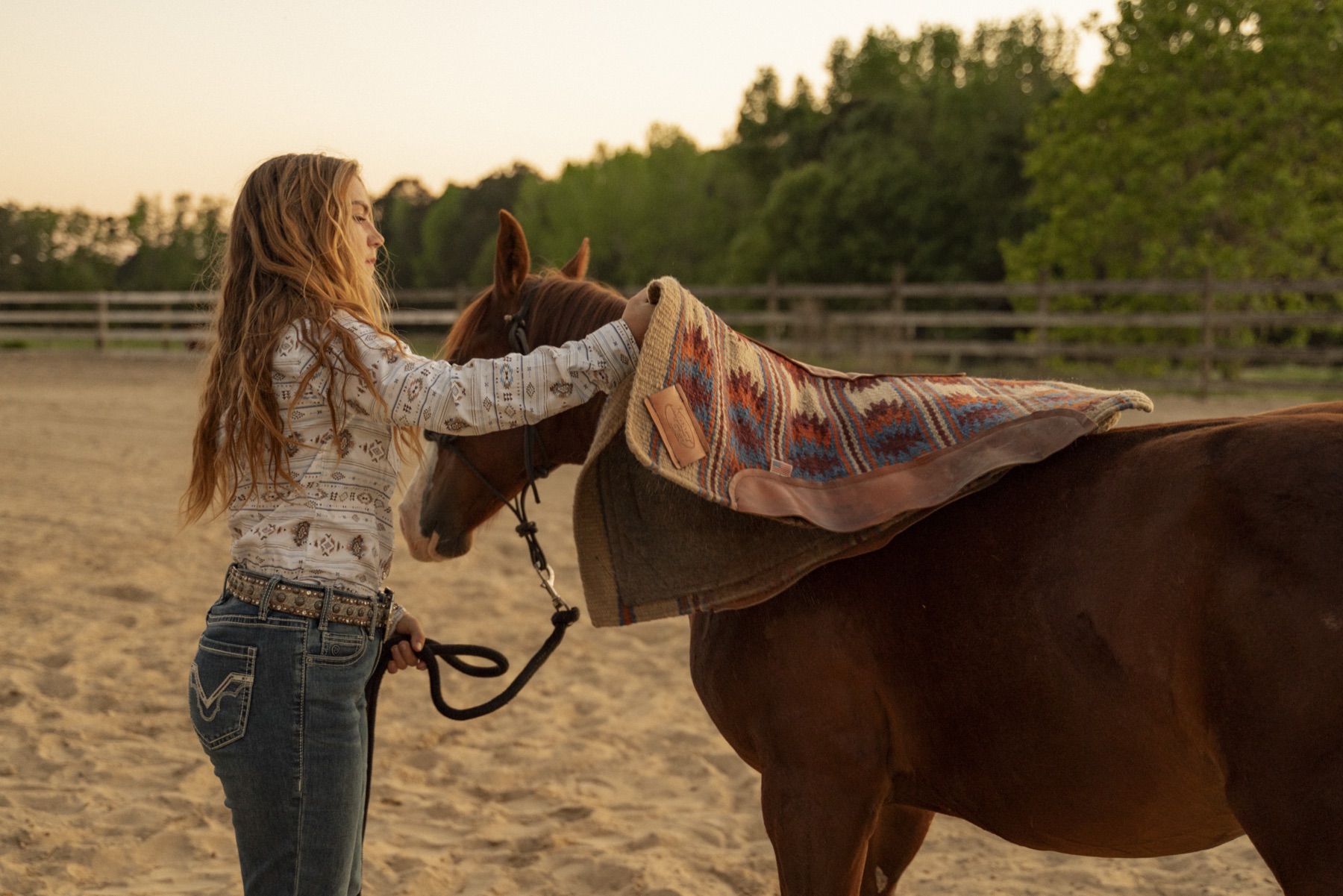 Setting a saddle pad at golden hour